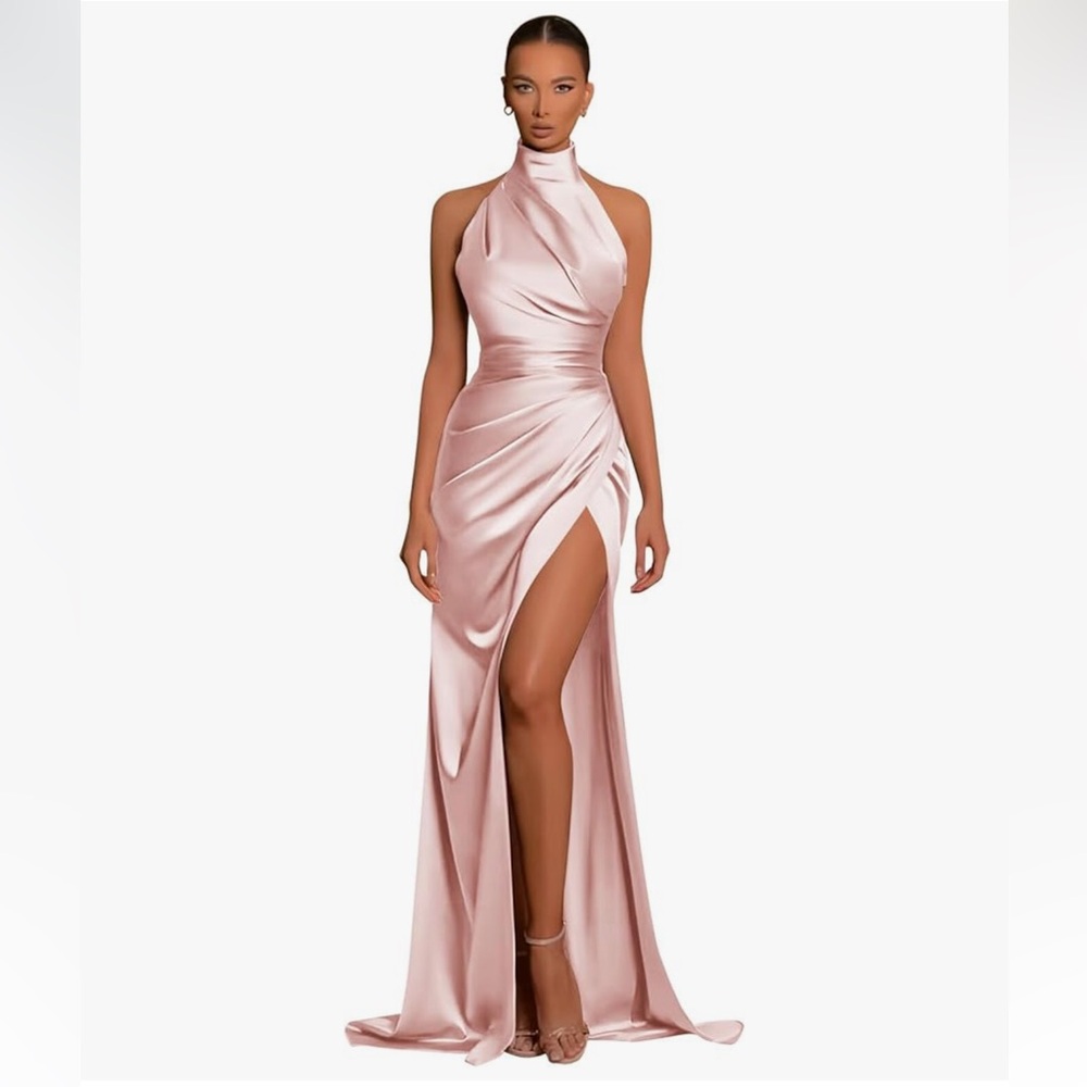 Blush Pink Satin Dress Gown Bridesmaid Prom Halter Pleated Mermaid Corset slit